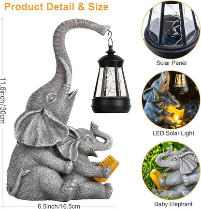 Solar Garden Statue Lights Loving Elephants Figurine with Solar Lantern, Outdoor Yard Decorations for Patio Porch Home, Housewarming Elephant Gifts for Mom, Women