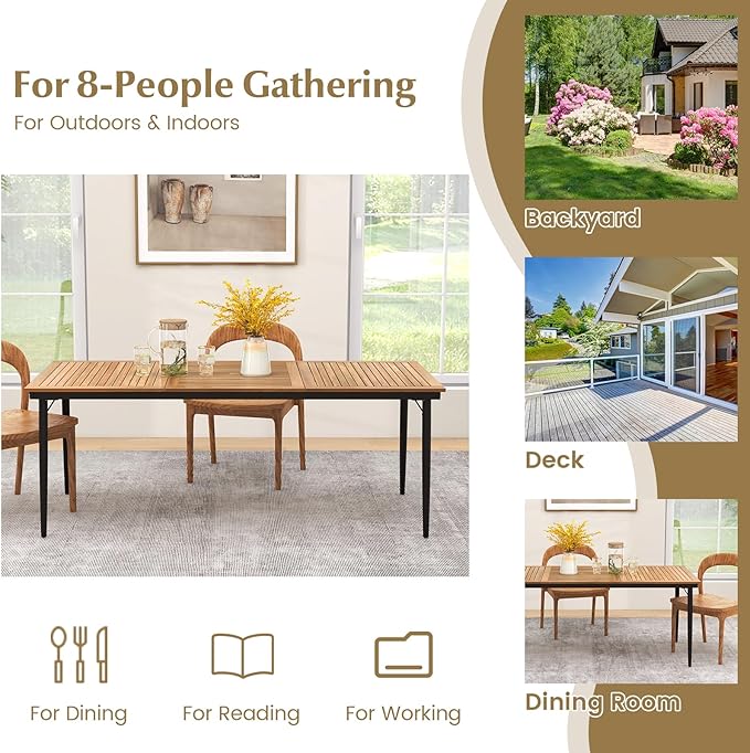 Tangkula 79" Acacia Wood Outdoor Dining Table for 8, Large Rectangular Patio Table with 1.9" Umbrella Hole, Metal Frame & Foot Pads, 8-Person Outside Table for Garden, Poolside & Backyard