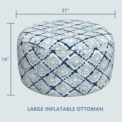 LVTXIII Outdoor Inflatable Ottoman, Fade-Resistant Round Footrest Stool D31”x H14”, Portable Patio Pouf for Garden Camping or Home Use, Boho Geometry Blue