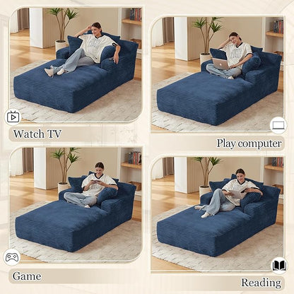 80 Inch Chaise Lounge Chair Indoor, Oversized Corduroy Upholstered Boneless Sofa Bed, Deep Seat Sleeper Couch Reading Chairs, Cloud Sofas Couches for Living Room, No Assembly Required (Blue)