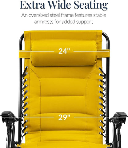 Best Choice Products Oversized Padded Zero Gravity Chair, Folding Outdoor Patio Recliner, XL Anti Gravity Lounger for Backyard w/Headrest, Cup Holder, Side Tray, Polyester Mesh - Yellow