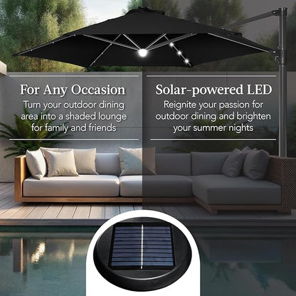 Best Choice Products 10ft Solar LED Offset Cantilever Hanging Market Patio Umbrella, Smooth 360° Rotation, 8 Sturdy Ribs, Easy Adjustment - Black