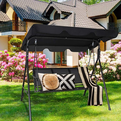 Porch Swing for 3 with Steel Frame and Adjustable Canopy in Black