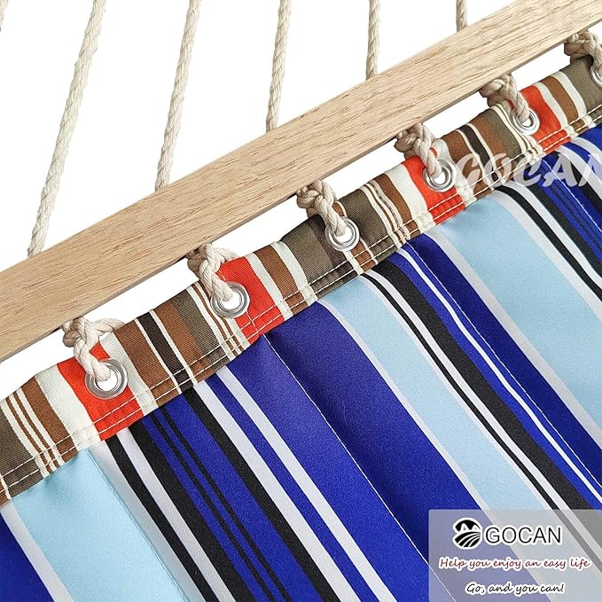 Quilted Fabric Double Hammock Won't flip with Stand and Spreader Bars,Safer and Sturdier,Quality Hammocks for Outdoor Indoor Patio Yard Two Sided Dual use red/Blue