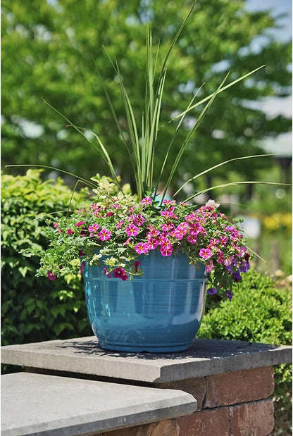 Garden Elements Indoor/Outdoor Glazed Brushed Happy Plastic Planter, Large, Dark Blue, 15"