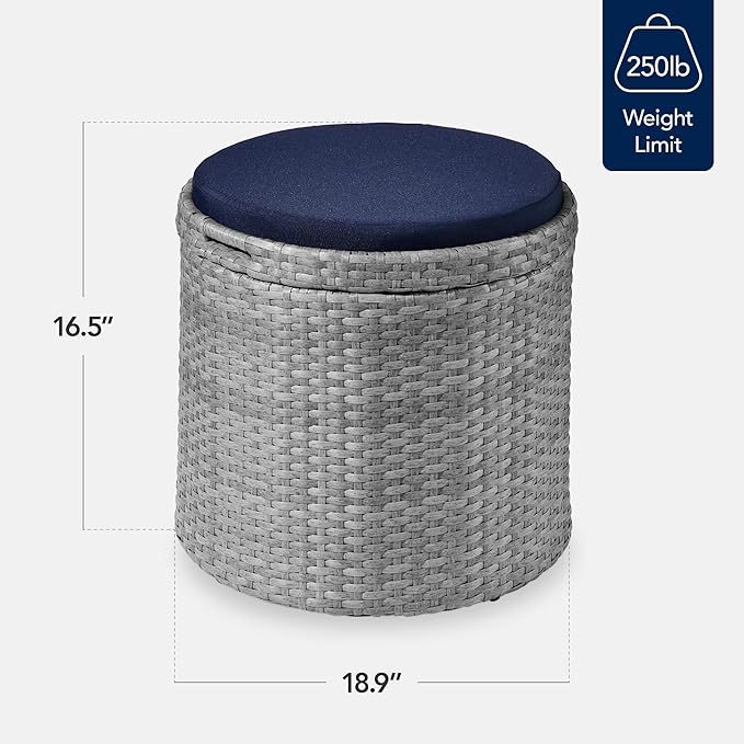 Best Choice Products Round Wicker Ottoman, Multipurpose Outdoor Furniture for Patio, Backyard, Additional Seating, Footrest, Side Table w/Storage, Removable Cushions – Gray/Navy