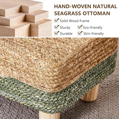 Wimarsbon Natural Seagrass Footstool Ottoman Rectangular Footrest Pouf Ottomans with Wooden Legs Hand Weave Step Stool for Living Room Bedroom Entryway Green