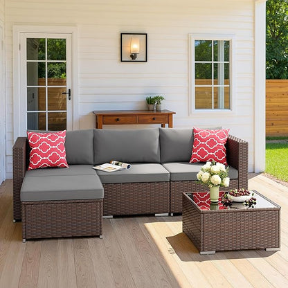 Aiho 5 Pieces Patio Furniture Set All-Weather Outdoor Wicker Sectional Patio Furniture with Cushion and Glass Table (Grey)
