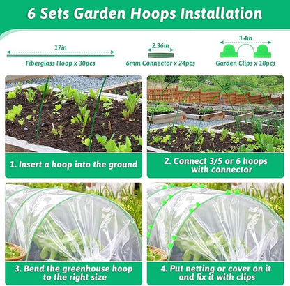30 Pcs Garden Hoops for Raised Beds, 6mm Greenhouse Hoops Grow Tunnel Fiberglass Hoop House Kit, 6 Sets Plant Support Garden Stakes Hoops Frame for Netting Shade Cloth Row Cover Garden Supplies