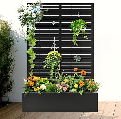 FENCY Metal Raised Garden Bed with Trellis, Metal Planter Box with Trellis, Garden Box for Climbing Plants Vegetable, 47" Lx16 Wx71 H Garden Bed with Drainage Holes(Black-Louvered)