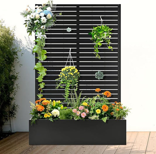 FENCY Metal Raised Garden Bed with Trellis, Metal Planter Box with Trellis, Garden Box for Climbing Plants Vegetable, 47" Lx16 Wx71 H Garden Bed with Drainage Holes(Black-Louvered)