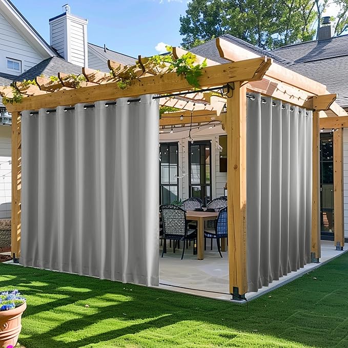 NICETOWN Outdoor Curtains for Patio Waterproof 2 Panels, W100 x L84 Windproof Grommet & Back Tab on Top & Bottom Thermal Insulated Sun Blocking Drapes with Rope for Deck, Silver Grey