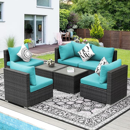 NICESOUL 7 Piece XL Large Modern Outdoor Furniture Sofa Set, 29.3'' High Back Wicker Patio Modular Sectional with Tables, All-Weather Deep Conversations for Backyard, 2 Color Cushion Turquoise & Gray