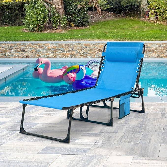 Folding Chaise Lounge Chair Bed - Heavy-Duty 400lb Capacity Portable Adjustable Recliner w/Pillow for Patio, Pool, Camping, Sunbathing - Lay Flat Design (Blue)