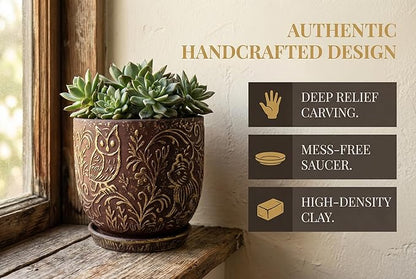 Decorative Ceramic Planter Pot with Saucer, Brown with Gold and Silver Owl Pattern, Indoor Garden Container with Drainage (G&S, 6 inch)
