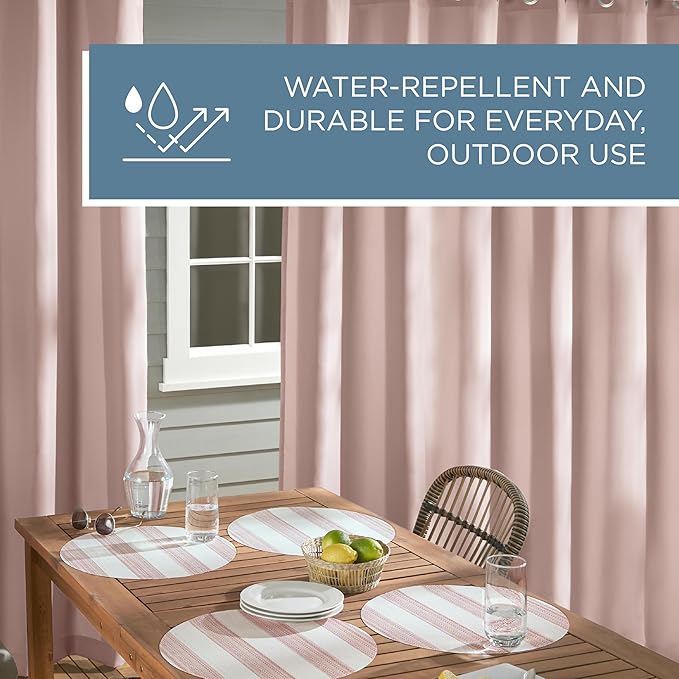 TOWN & COUNTRY BASICS Cabana Solid Heavyweight Indoor Outdoor Curtains, Light Filtering Opacity with Grommet Top, Water Repellent, 2-Pack Set, 54"x108", Blush