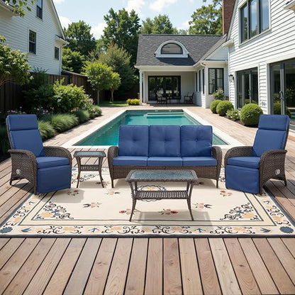Belord 5 Piece Patio Furniture Set with Recliner Chair - Removable Outdoor Patio Couch Set, Chaise Lounge Chair Outdoor with Adjustable Backrest and Footrest for Casual Gathering Brown