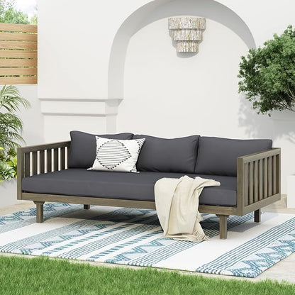 Merax Solid Acacia Wood Couch Chaise Lounge Chair Indoor, 3 Seater Daybed Sofa Couches with Cushions & Pillow, Heavy Frame Day Bed for Living Room, Office, Outdoor, Balcony, Patio, Water Resistant