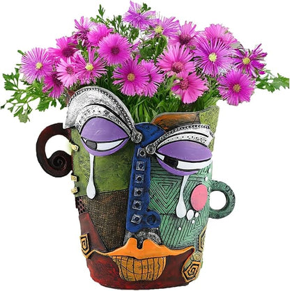 Picasso Brutalist Abstract Face Planter - Head Ornament Flower Pot Container - Colorful Art Resin (Picasso's Tearful Flowerpot)