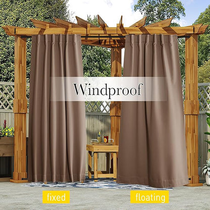 NICETOWN 2 Panels Outdoor Curtains Waterproof Pocket & Back Tab on Top & Bottom, Thermal Insulated Windproof Sun Blocking Outside Privacy Drapes for Patio with Fixed Rope, W84 x L95, Tan