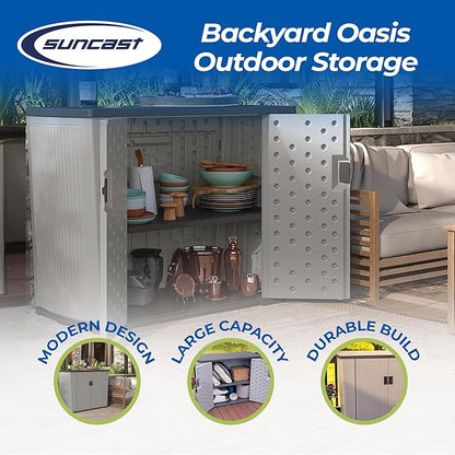 Suncast 130-Gallon Backyard Oasis Basic Unit Lockable Outdoor Storage Cabinet, Peppercorn, Made in the USA