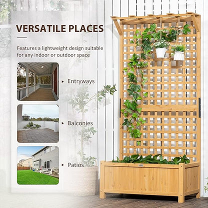 Outsunny Wood Planter with Trellis, Raised Garden Bed for Climbing Plants with Drainage Holes and Roof, 35.5 x 17.75 x 72 Inch, Pack of 2, Yellow