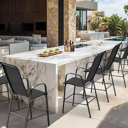 VINGLI Outdoor Bar Chairs Set of 6 – Stackable Outdoor Bar Stools with Sturdy Sling High Back and Armrests for Lawn, Courtyard, Garden, Bar, Black