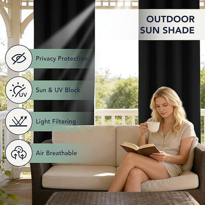 Black Outdoor Curtains for Patio Waterproof - 6 Panels Privacy Weatherproof Outside Curtains with Grommets for Pergola, Gazebo, Porch, Cabana, Balcony, 54 x 108 Inch