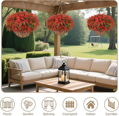 Artificial Hanging Flower for Outdoors, Fake Hanging Basket for Outside,1 Hanging Basket with 13 Pcs Faux Silk Flowers for Porch, Balcony and Patio Decor(Red)