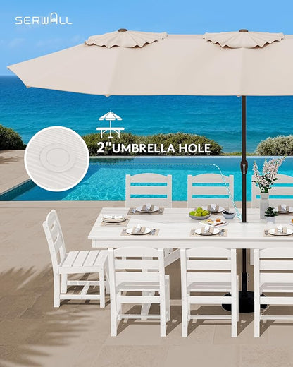 SERWALL 11 Piece Outdoor Dining Set, 84" HDPE Outdoor Table and Chairs for 10，All Weather Patio Furniture Set with Umbrella Hole for Backyard, Garden, White