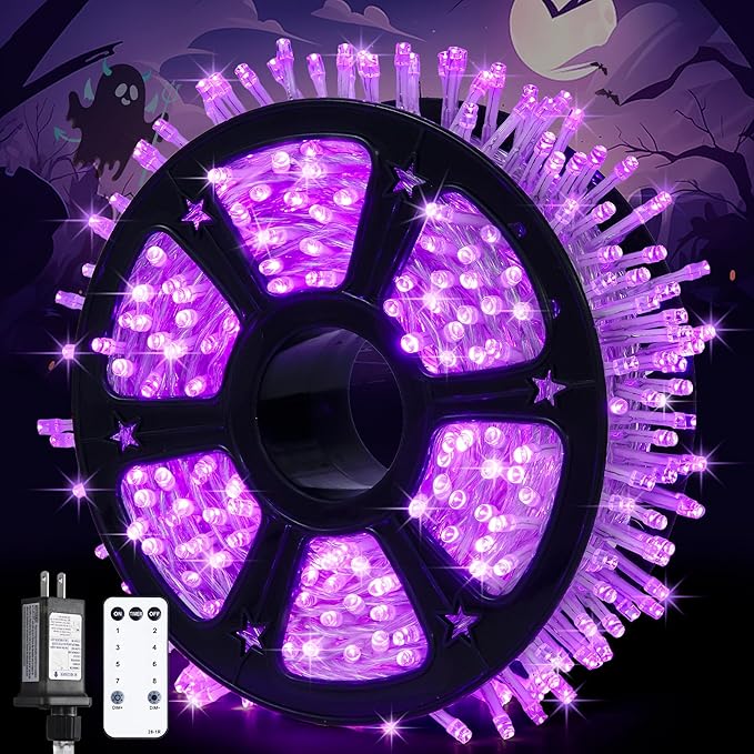 String Lights, 168 ft Purple 600 LED Outdoor with Remote