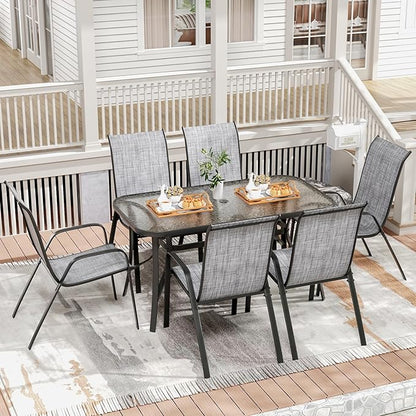 TLSUNNY 7 Pieces Patio Dining Set, Outdoor Table and Chairs W/1.69″ Umbrella Hole, 30"X 55" Table and Stackable Textilene Chair, All Weather Patio Furniture Set (Umbrella not Included) (Grey)