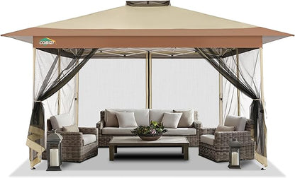 COBIZI 10x15 FT Pop up Gazebo on Clearance - Outdoor pop up Canopy Tent,carpas para Patio, Shelter - Screen Tents with Portable Carry Bag, Patio Gazebos for Camping,Garden,Deck,Backyard,Khaki