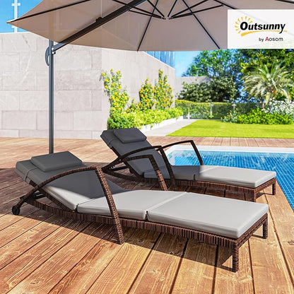 Outsunny Wicker Chaise Lounge Chair Outdoor Set of 2, 5-Position Adjustable Reclining Pool Lounge Chairs with Wheels, Rattan Outdoor Lounger with Cushion, Armrests for Poolside Beach Backyard, Gray