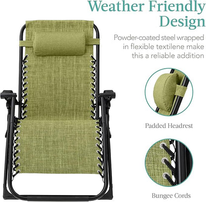 Recliner Chair, Oversized Folding Zero Gravity Patio Lounger, Green