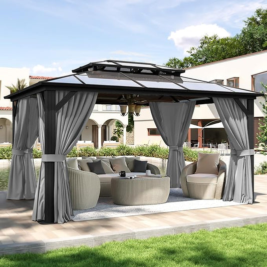 Aoxun 10'x14' Hardtop Gazebo, Aluminum Frame Permanent Pavilion with Curtains and Netting, Outdoor Polycarbonate Double Roof Canopy, Gray