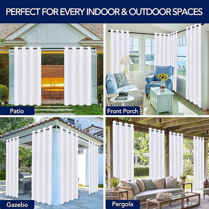 PureFit Outdoor Curtains for Patio Waterproof Weatherproof, UV Resistant Outside Curtains for Gazebo, Front Porch, Pergola, Sun Blocking Privacy Curtain, 52W x 84L inch, Set of 2, White