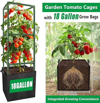 3 Set Square Tomato Cages with 18 Gallon Grow Bags, 49'' Tall Heavy Duty Steel Tomato Trellis Kit for Garden, Plant Support Tower Stakes Cucumber Pepper Trellis for Climbing Vegetable Flowers