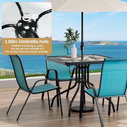Arlopu 5 Piece Outdoor Patio Dining Set (Umbrella not Included), Porch Furniture with 4 Textline Chairs, 1 Square Glass Table for Garden, Backyard and Poolside, Lawn (Blue)