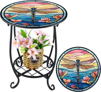 Outdoor Side Table Round Small Mosaic Patio Accent Indoor End Plant Coffee Tea Table for Yard Patio Porch Garden Living Room, Bedroom(Dragonfly Style,14 Inch)