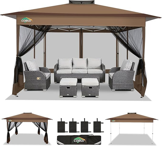 COBIZI 13x13 FT Pop up Gazebo on Clearance - Outdoor pop up Canopy Tent,carpas para Patio, Shelter - Screen Tents with Portable Carry Bag, Patio Gazebos for Camping,Garden,Deck,Backyard,Brown