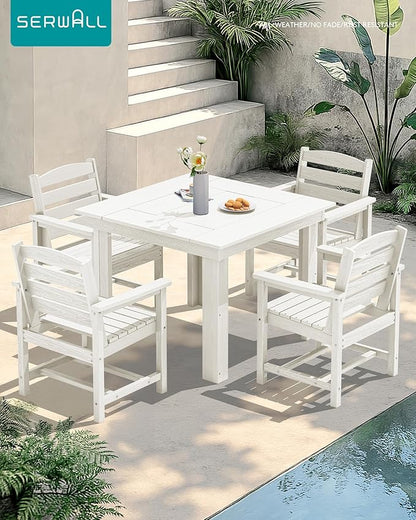 SERWALL Outdoor Dining Set for 4, HDPE Square Table and Chairs Set All Weather Patio Dining Set with 4 Classic Dining Chairs, 5-Piece Patio Dining Furniture for Deck, White
