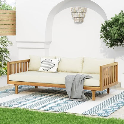 Merax Solid Acacia Wood Couch Chaise Lounge Chair Indoor, 3 Seater Daybed Sofa Couches with Cushions & Pillow, Heavy Frame Day Bed for Living Room, Office, Outdoor, Balcony, Patio, Water Resistant