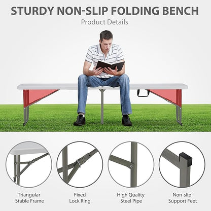 6ft Plastic Folding Bench with Carrying Handle & Lock, Portable Outdoor Bench in Garden Picnic Camping Dining Party Seat, Waterproof Bench for Soccer Activities, Firm and Durable (2Pack A)