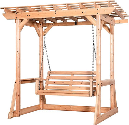 Backyard Discovery Callahan 8' x 5' Cedar Wood Outdoor Patio Pergola Swing Bench with Trellis, Two-Person Seating, Chains, Water Resistance, 600 Lb Weight Capacity for Porch, Patio, Deck, Garden