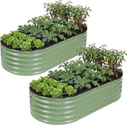 Galvanized Raised Garden Bed Outdoor, 6x3x1.4ft Oval Metal Raised Beds for Gardening, Rust-Resistant Garden Planter Box for Planting Vegetables, Flowers, Fruits in Lawn(Olive Green, 2 Packs)
