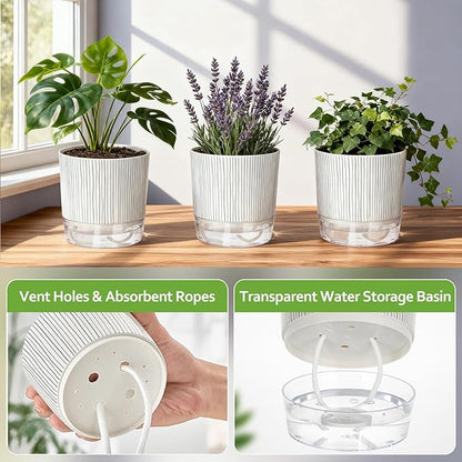 3 Pack Self Watering Pots Set, 5.5 Inch Self Watering Pots for Indoor Plants, Planter Pot with Wick Rope and Reservoir for African Violet, Spider Plant, Orchid