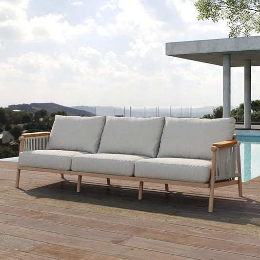 Acanva Modern All-Weather Aluminum Outdoor Patio Sofa with Thick Cushions, Olefin Fabric Sunroom Backyard Furniture, Couch Light Khaki