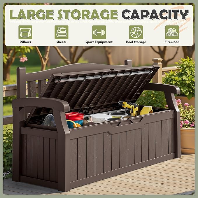 Storage Bench, 75 Gallon Brown Outdoor Deck Box with Padlock Holes
