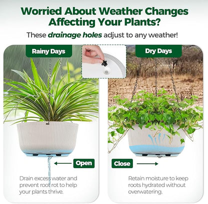 T4U Hanging Planter Self Watering 8 Inch, 2 Pack White Indoor Hanging Plant pots, Hanging Flower Pot with Drainage Hole & Plug & Chain with 3 Hooks for Garden Home Decor